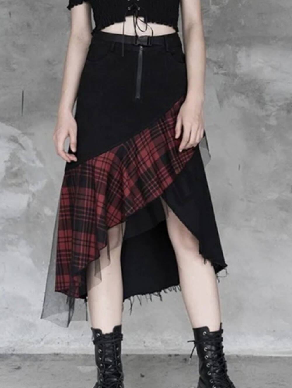 Punk Rave Darkness Asymmetrical Skirt Red Plaid Goth Grunge Dark Academia S
